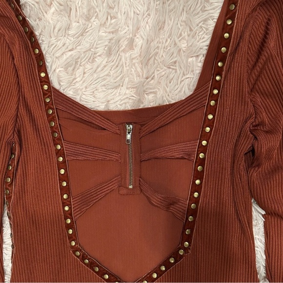 Free People NWT Square Neck Bronze Studded Simone Wine Bordeaux Midi Dress in XL - Picture 7 of 9